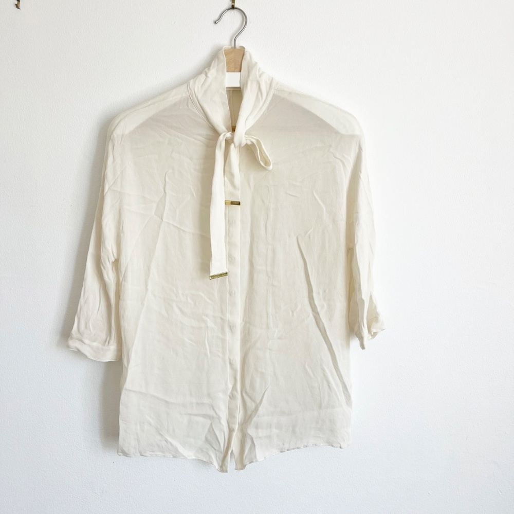 100% Mulberry Silk Sheer Tie Ribbon Blouse 3/4 Sleeve